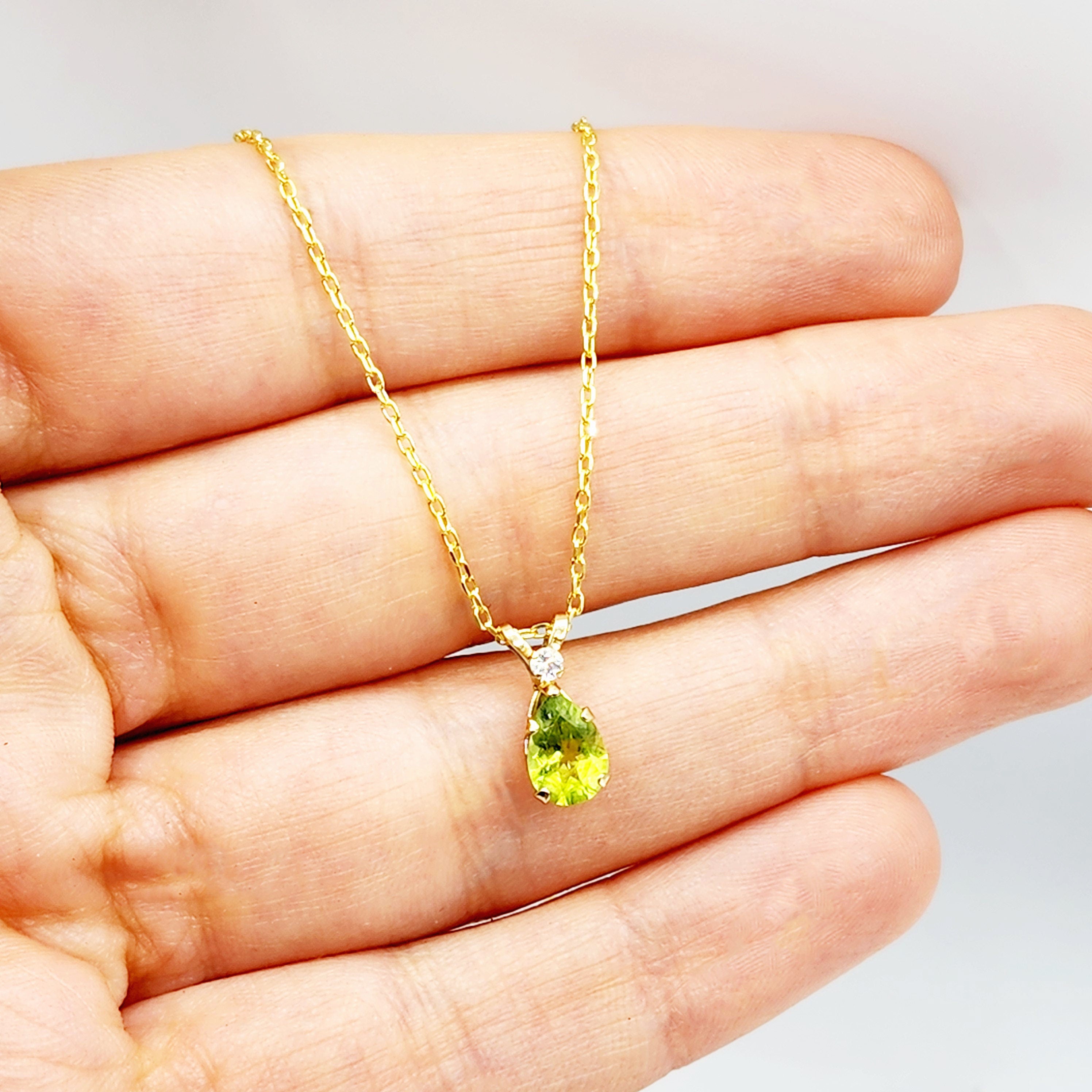 10K Yellow Gold Peridot 8x5mm with White Topaz Pendant Necklace, Gold Pendant For Her, Peridot Jewelry, August Birthstone
