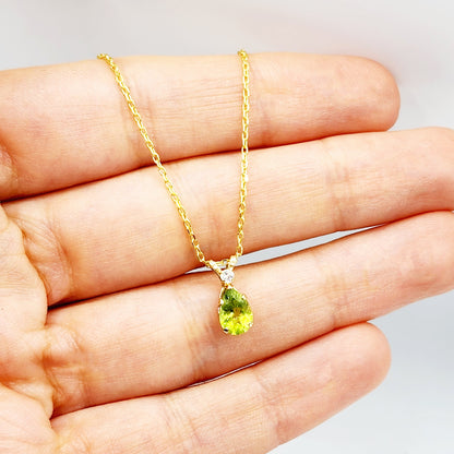 10K Yellow Gold Peridot 8x5mm with White Topaz Pendant Necklace, Gold Pendant For Her, Peridot Jewelry, August Birthstone