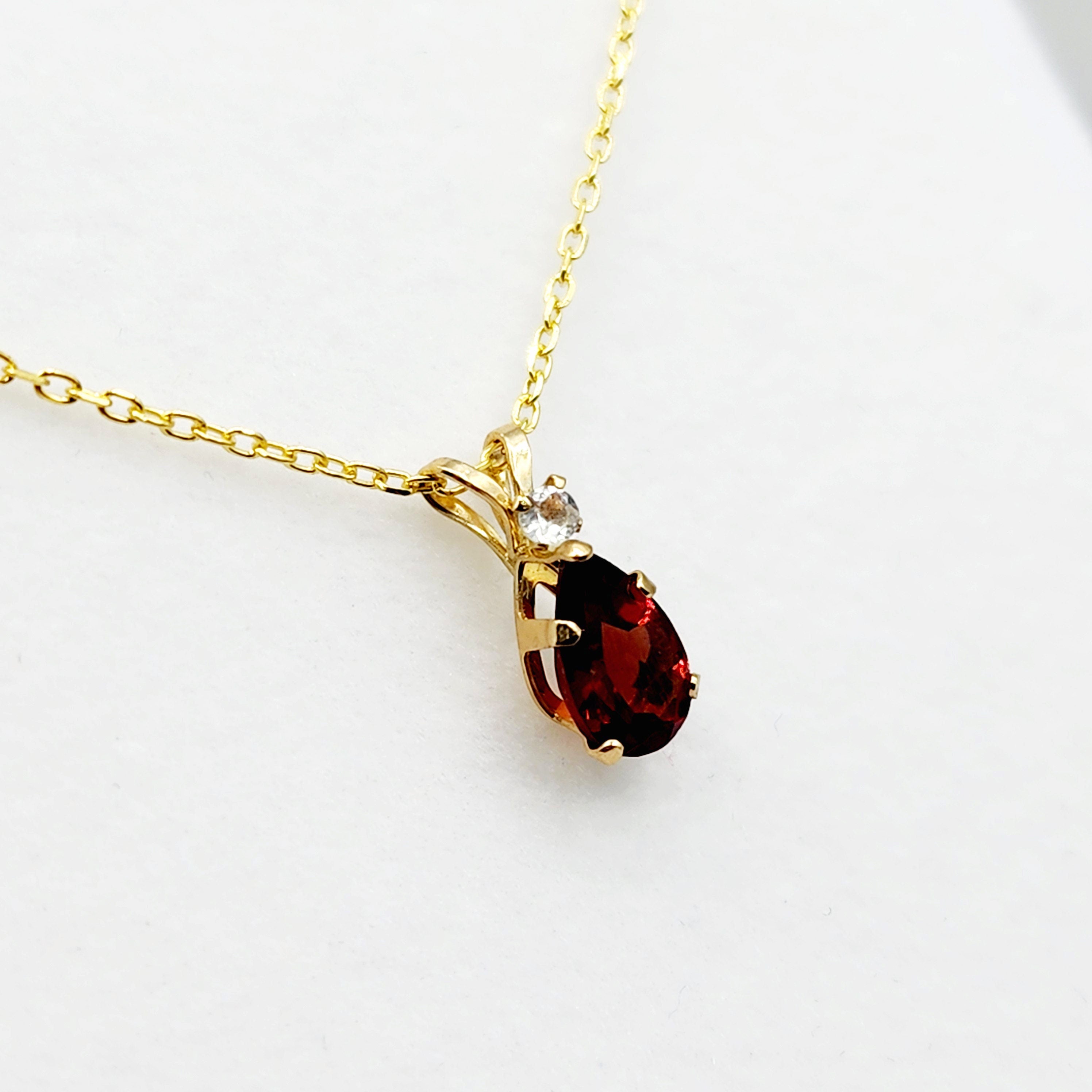 10K Yellow Gold Garnet 8x5mm with White Topaz Pendant Necklace, Gold Pendant For Her, Garnet Jewelry, January Birthstone