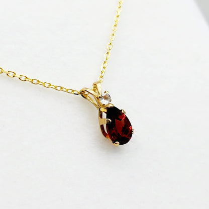 10K Yellow Gold Garnet 8x5mm with White Topaz Pendant Necklace, Gold Pendant For Her, Garnet Jewelry, January Birthstone