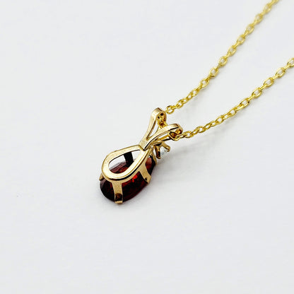 10K Yellow Gold Garnet 8x5mm with White Topaz Pendant Necklace, Gold Pendant For Her, Garnet Jewelry, January Birthstone