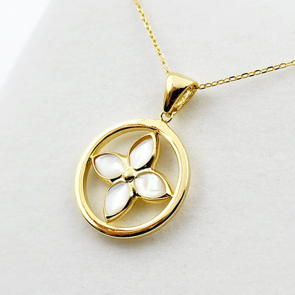 10K Yellow Gold Mother Of Pearl Pendant, Elegant Jewelry Piece , Unique Floral Design Statement Necklace , Luxury Jewelry , Special Gift