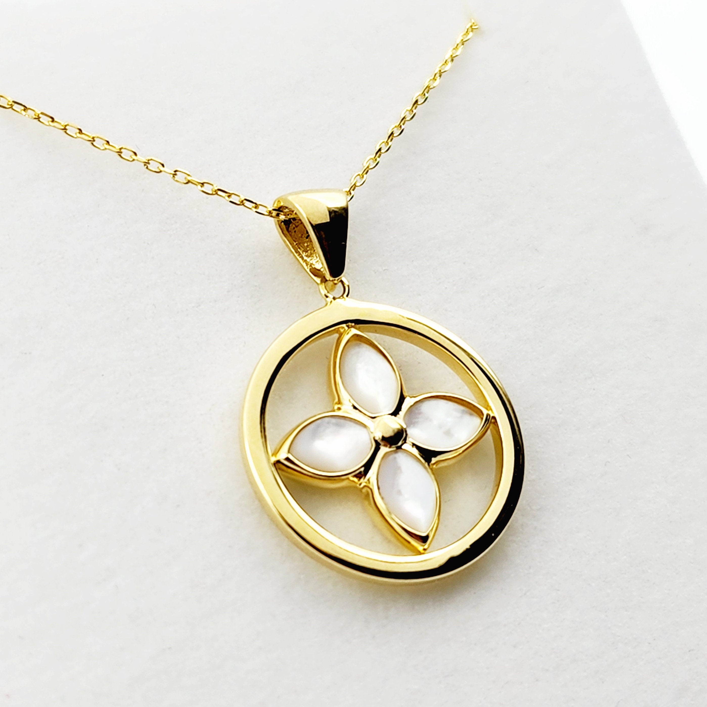 10K Yellow Gold Mother Of Pearl Pendant, Elegant Jewelry Piece , Unique Floral Design Statement Necklace , Luxury Jewelry , Special Gift