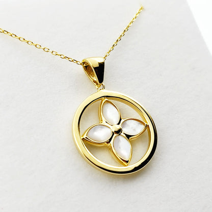 10K Yellow Gold Mother Of Pearl Pendant, Elegant Jewelry Piece , Unique Floral Design Statement Necklace , Luxury Jewelry , Special Gift
