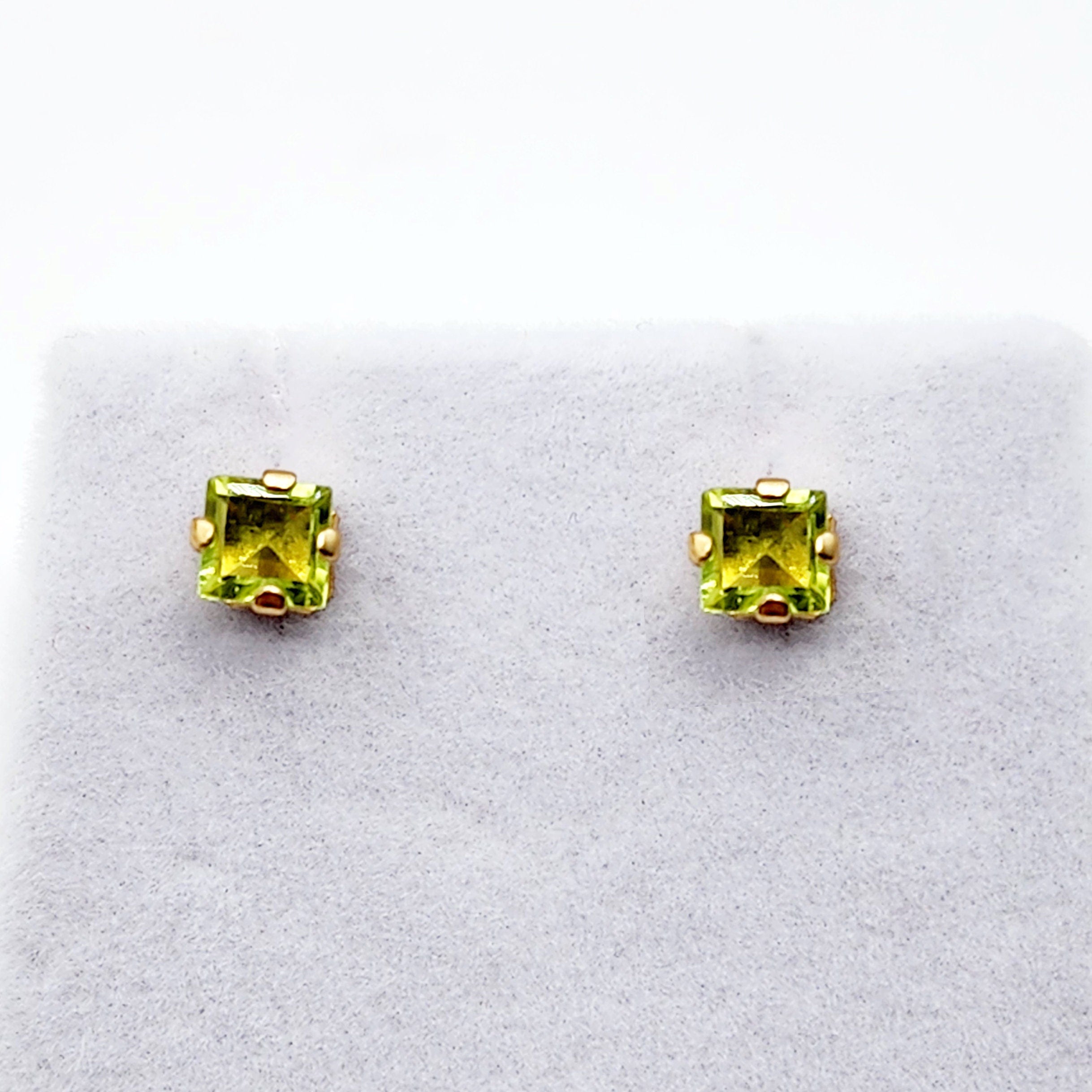 Gold Peridot Stud Earrings, 10K Yellow Gold Square Peridot 4mm Stud Earrings, August birthstone, Earrings For Her, Peridot jewelry Gift