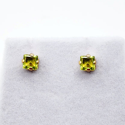 Gold Peridot Stud Earrings, 10K Yellow Gold Square Peridot 4mm Stud Earrings, August birthstone, Earrings For Her, Peridot jewelry Gift