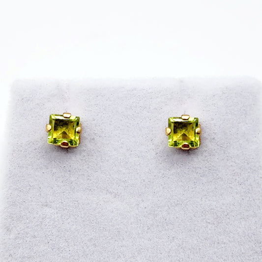 Gold Peridot Stud Earrings, 10K Yellow Gold Square Peridot 4mm Stud Earrings, August birthstone, Earrings For Her, Peridot jewelry Gift