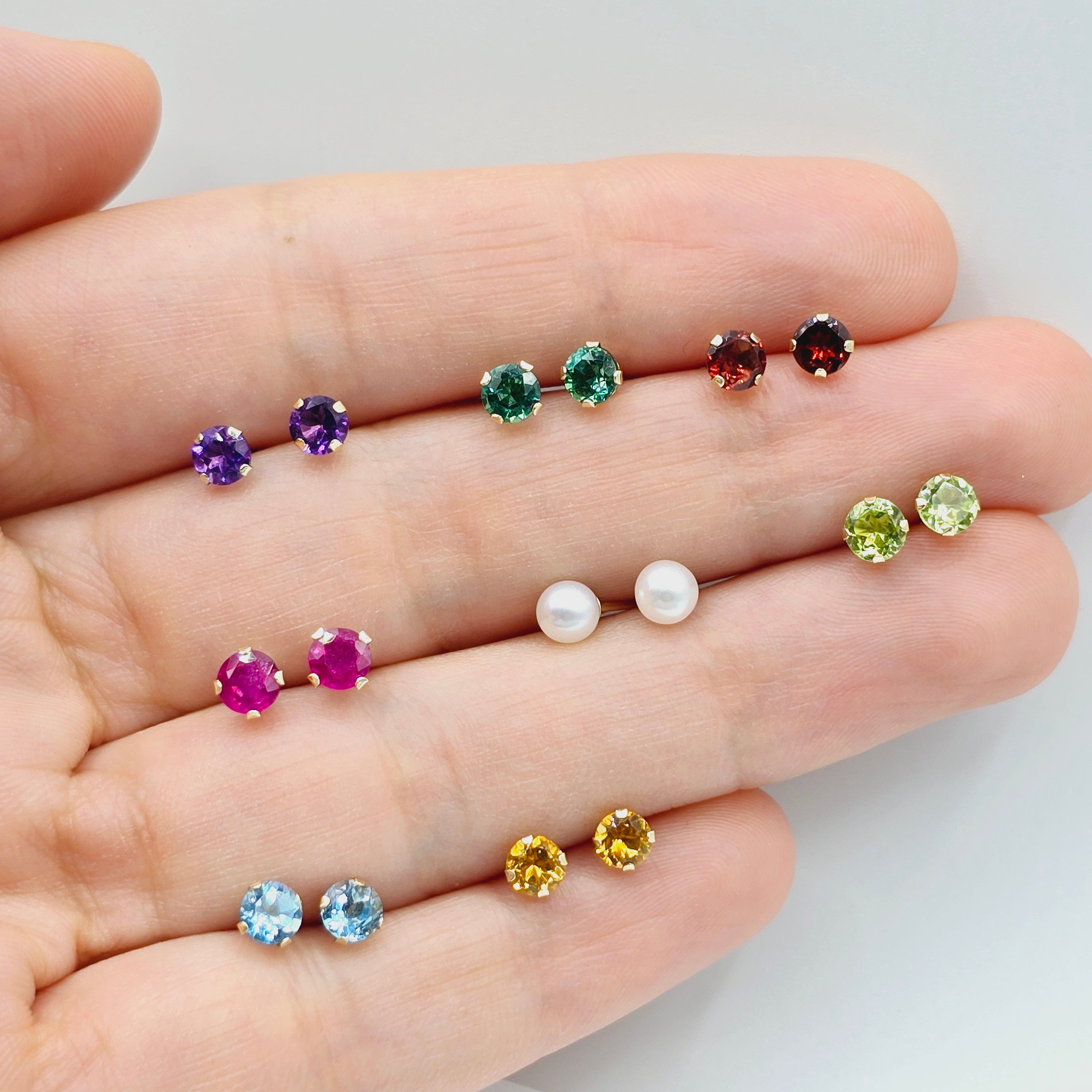 Gold Genuine Gemstone Stud Earrings,  Solid Gold Round Natural Birthstone 4mm Stud Earrings, Birthstone Earrings, Gift for Women