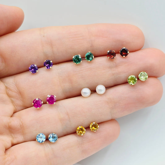 Gold Genuine Gemstone Stud Earrings,  Solid Gold Round Natural Birthstone 4mm Stud Earrings, Birthstone Earrings, Gift for Women