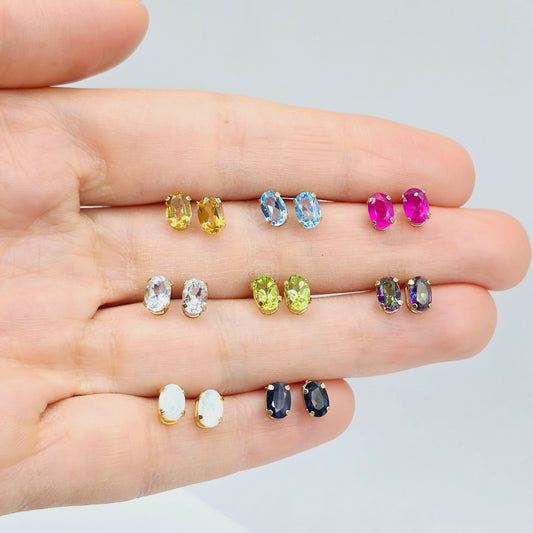 Gold Genuine Gemstone Stud Earrings, Solid 10K Yellow Gold Oval Natural Birthstone 6x4mm Stud Earrings, Birthstone Gift for Women