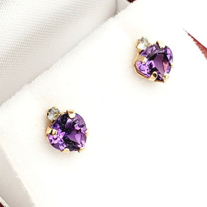 Gold Amethyst Stud Earrings, 10K Yellow Gold Genuine Amethyst 6x6mm and Aquamarine Stud Earrings, February Birthstone