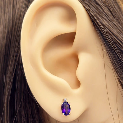 14k Gold Amethyst Stud Earrings | 14K Gold Genuine Amethyst 6x4mm with Natural Diamond Stud Earrings, February Birthstone Jewelry