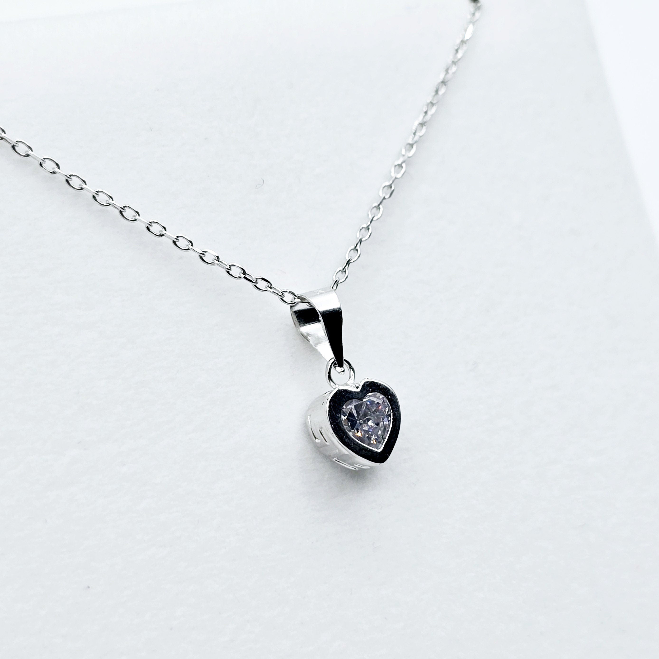 White Gold Heart Shaped CZ Pendant, Dainty Heart Necklace, Minimalist White Gold Pendant, Anniversary Gift, Birthday Gift Necklace