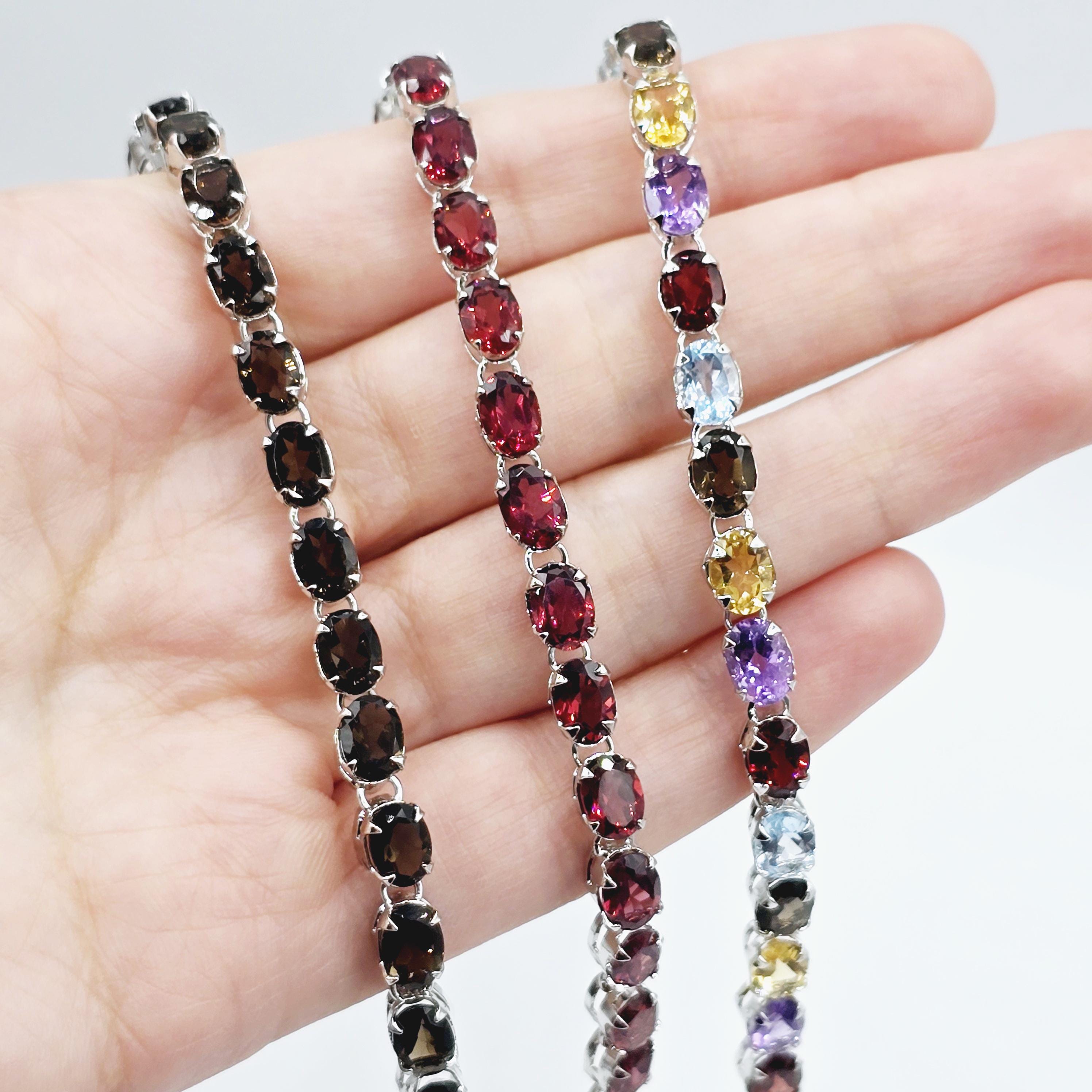 Sterling Silver Bracelet Set With 20 Prong Set 7X5mm Oval Genuine Gemstones, Bracelet for Women, Dainty Gemstone Bracelet Girlfriend