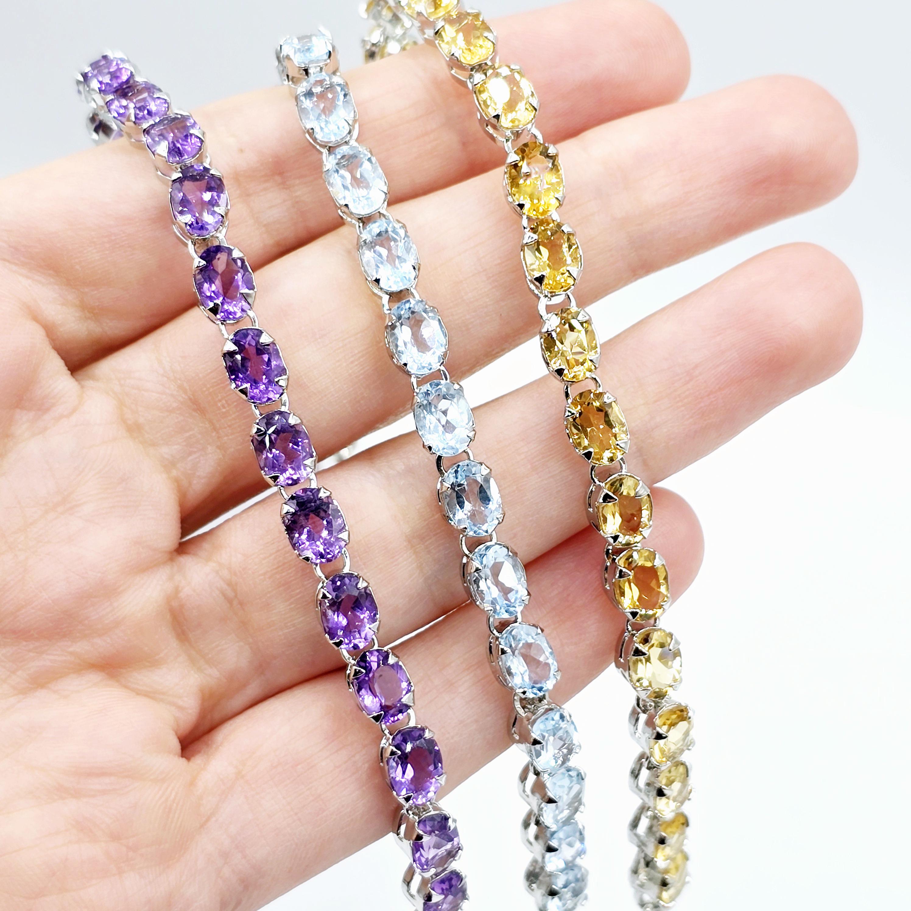 Sterling Silver Bracelet Set With 20 Prong Set 7X5mm Oval Genuine Gemstones, Bracelet for Women, Dainty Gemstone Bracelet Girlfriend
