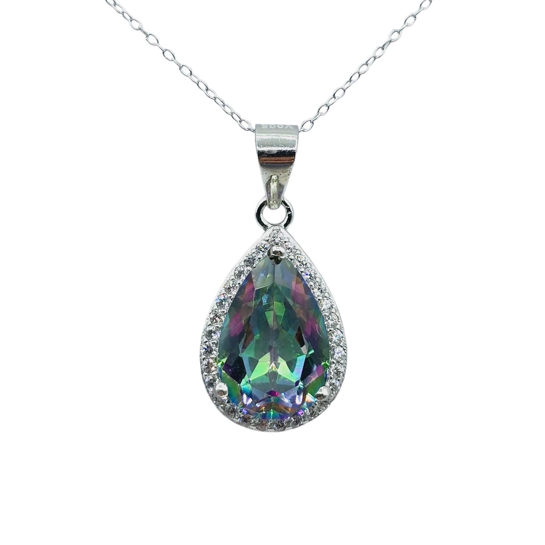 Rhodium Plated Sterling Silver Teardrop Necklace with Natural 12x8mm Gemstone, Perfect Gift, Versatile Design, High Quality Silver Jewelry