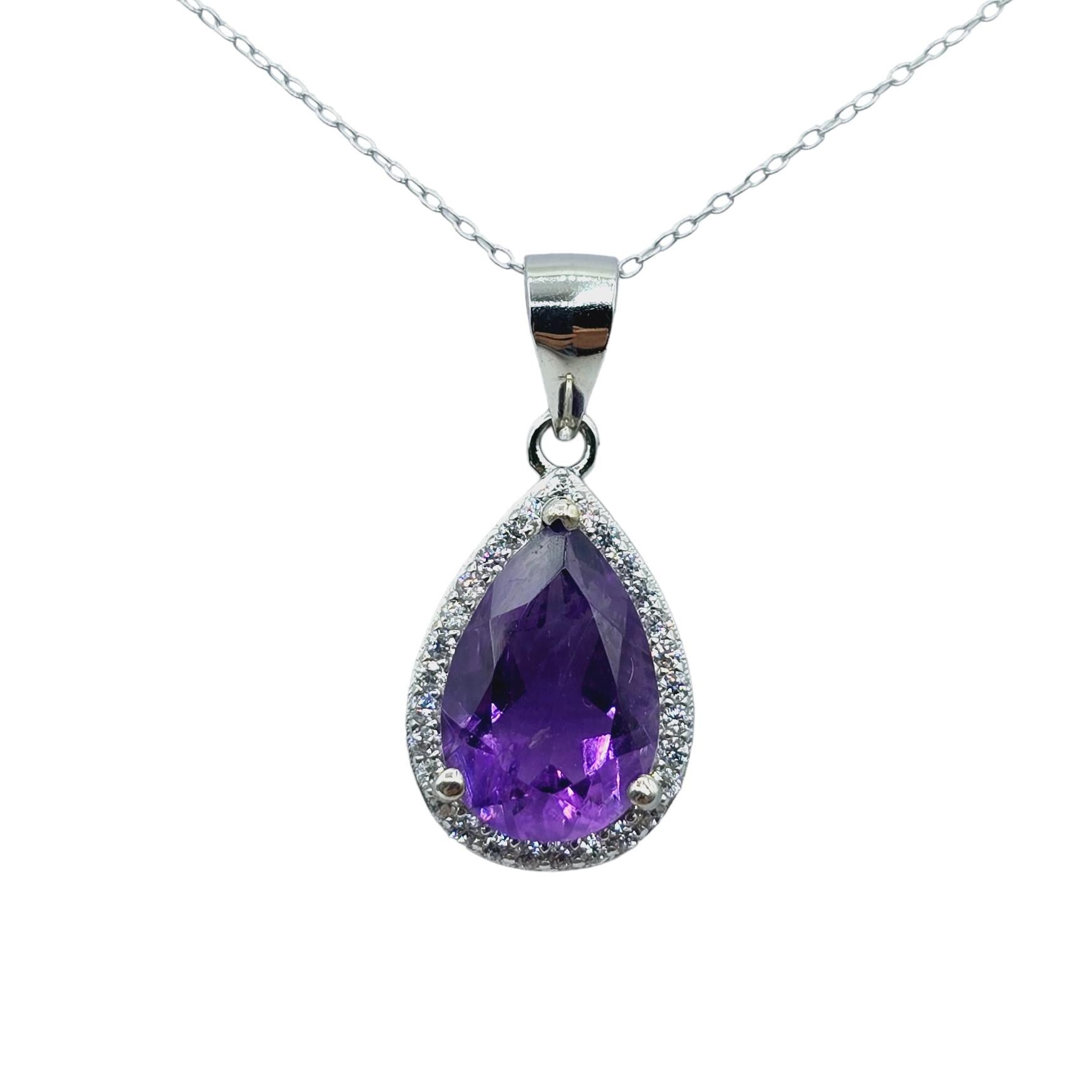 Rhodium Plated Sterling Silver Teardrop Necklace with Natural 12x8mm Gemstone, Perfect Gift, Versatile Design, High Quality Silver Jewelry
