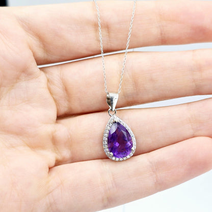 Rhodium Plated Sterling Silver Teardrop Necklace with Natural 12x8mm Gemstone, Perfect Gift, Versatile Design, High Quality Silver Jewelry