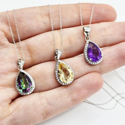 Rhodium Plated Sterling Silver Teardrop Necklace with Natural 12x8mm Gemstone, Perfect Gift, Versatile Design, High Quality Silver Jewelry