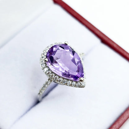 Rhodium Plated Sterling Silver Teardrop Gemstone Ring, Natural Gemstone 12x8mm Rings, Perfect Gift, Versatile Design Ring for Women