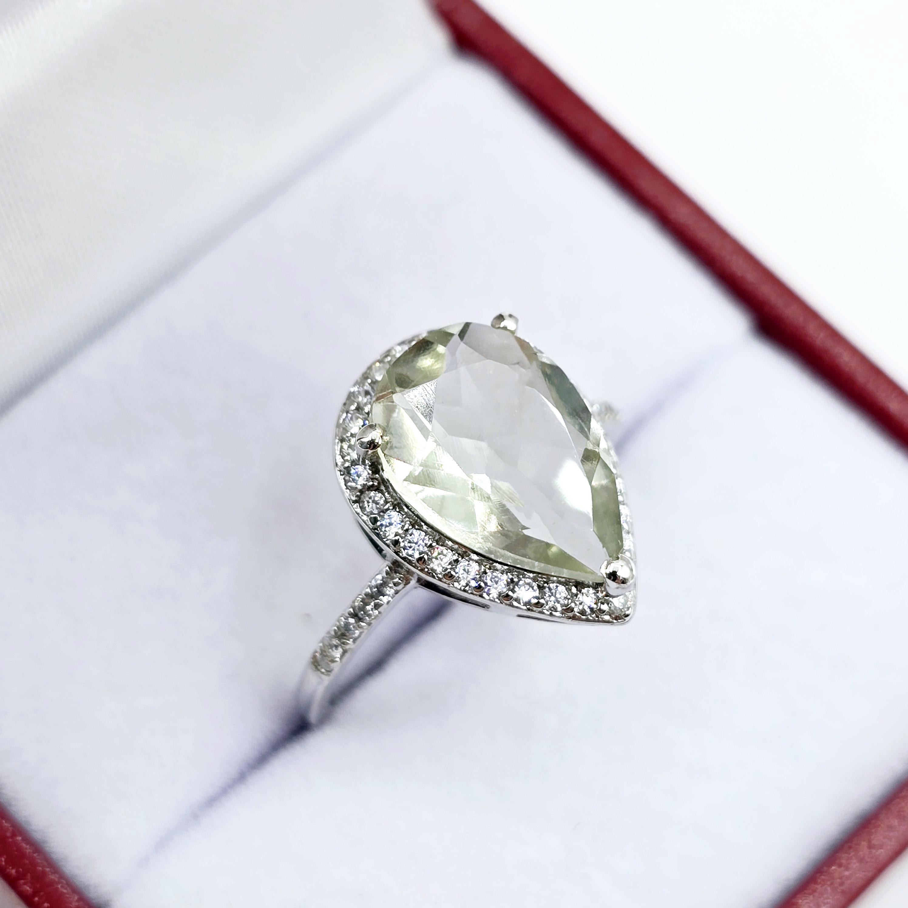 Rhodium Plated Sterling Silver Teardrop Gemstone Ring, Natural Gemstone 12x8mm Rings, Perfect Gift, Versatile Design Ring for Women
