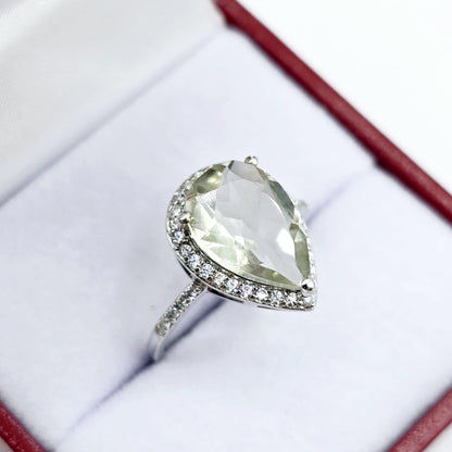 Rhodium Plated Sterling Silver Teardrop Gemstone Ring, Natural Gemstone 12x8mm Rings, Perfect Gift, Versatile Design Ring for Women