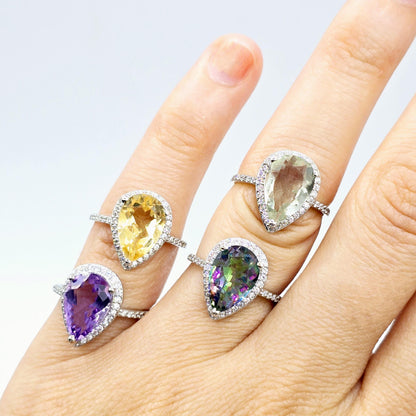 Rhodium Plated Sterling Silver Teardrop Gemstone Ring, Natural Gemstone 12x8mm Rings, Perfect Gift, Versatile Design Ring for Women