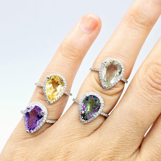 Rhodium Plated Sterling Silver Teardrop Gemstone Ring, Natural Gemstone 12x8mm Rings, Perfect Gift, Versatile Design Ring for Women