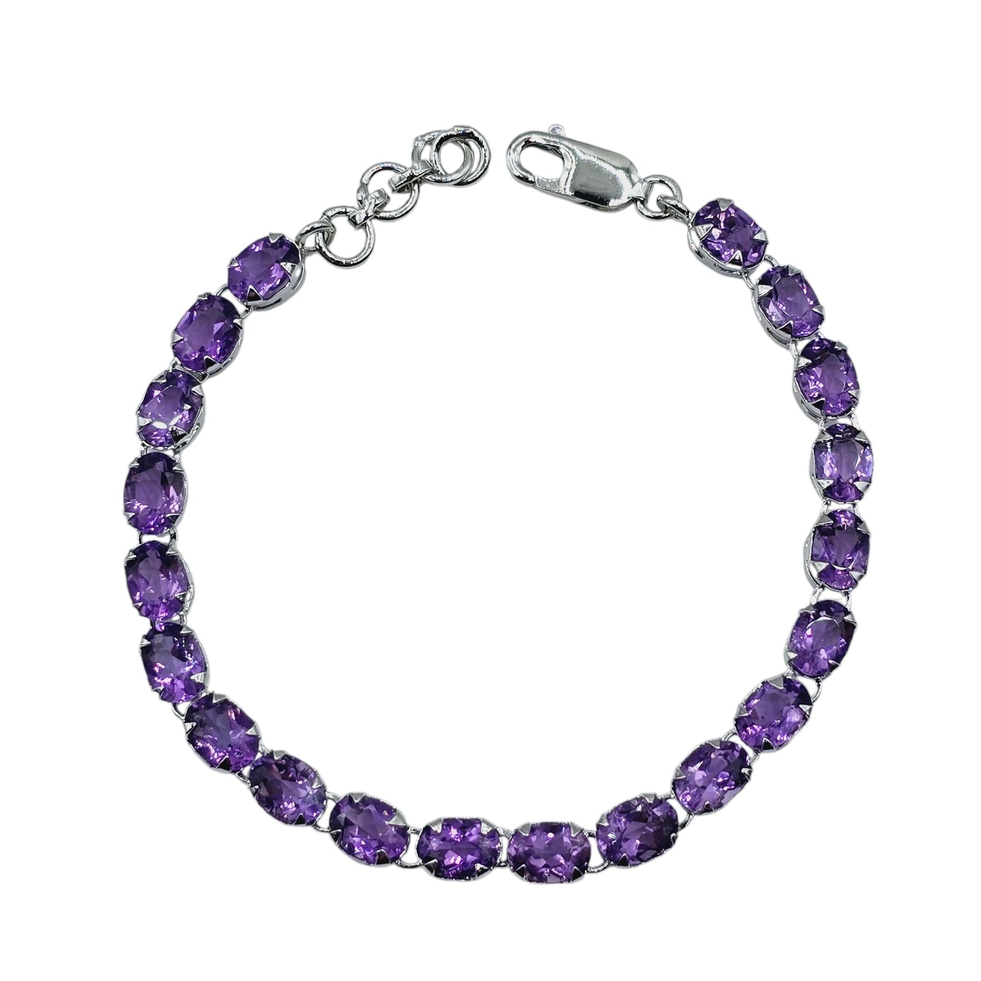 Sterling Silver Bracelet Set With 20 Prong Set 7X5mm Oval Genuine Gemstones, Bracelet for Women, Dainty Gemstone Bracelet Girlfriend
