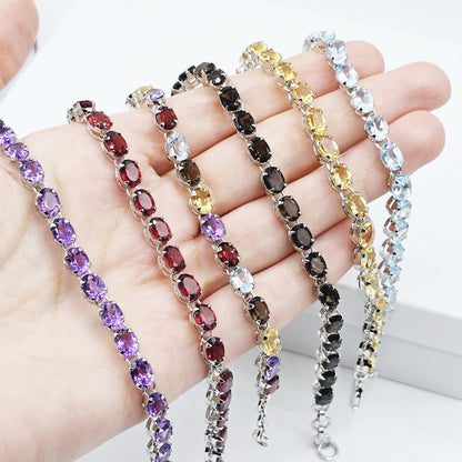 Sterling Silver Bracelet Set With 20 Prong Set 7X5mm Oval Genuine Gemstones, Bracelet for Women, Dainty Gemstone Bracelet Girlfriend