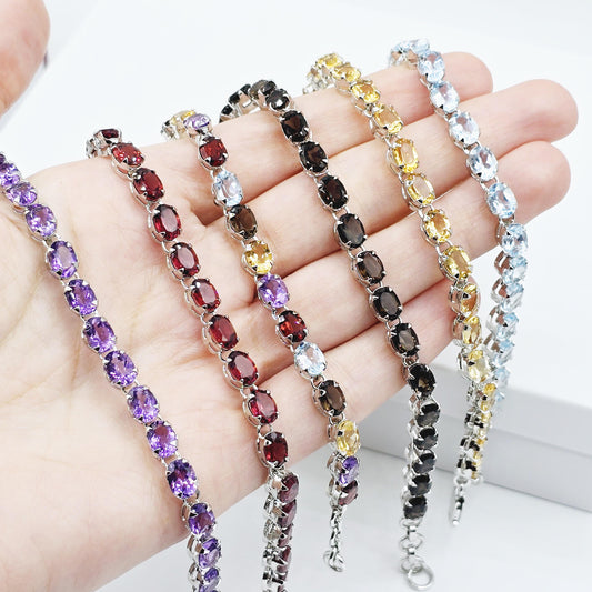 Sterling Silver Bracelet Set With 20 Prong Set 7X5mm Oval Genuine Gemstones, Bracelet for Women, Dainty Gemstone Bracelet Girlfriend