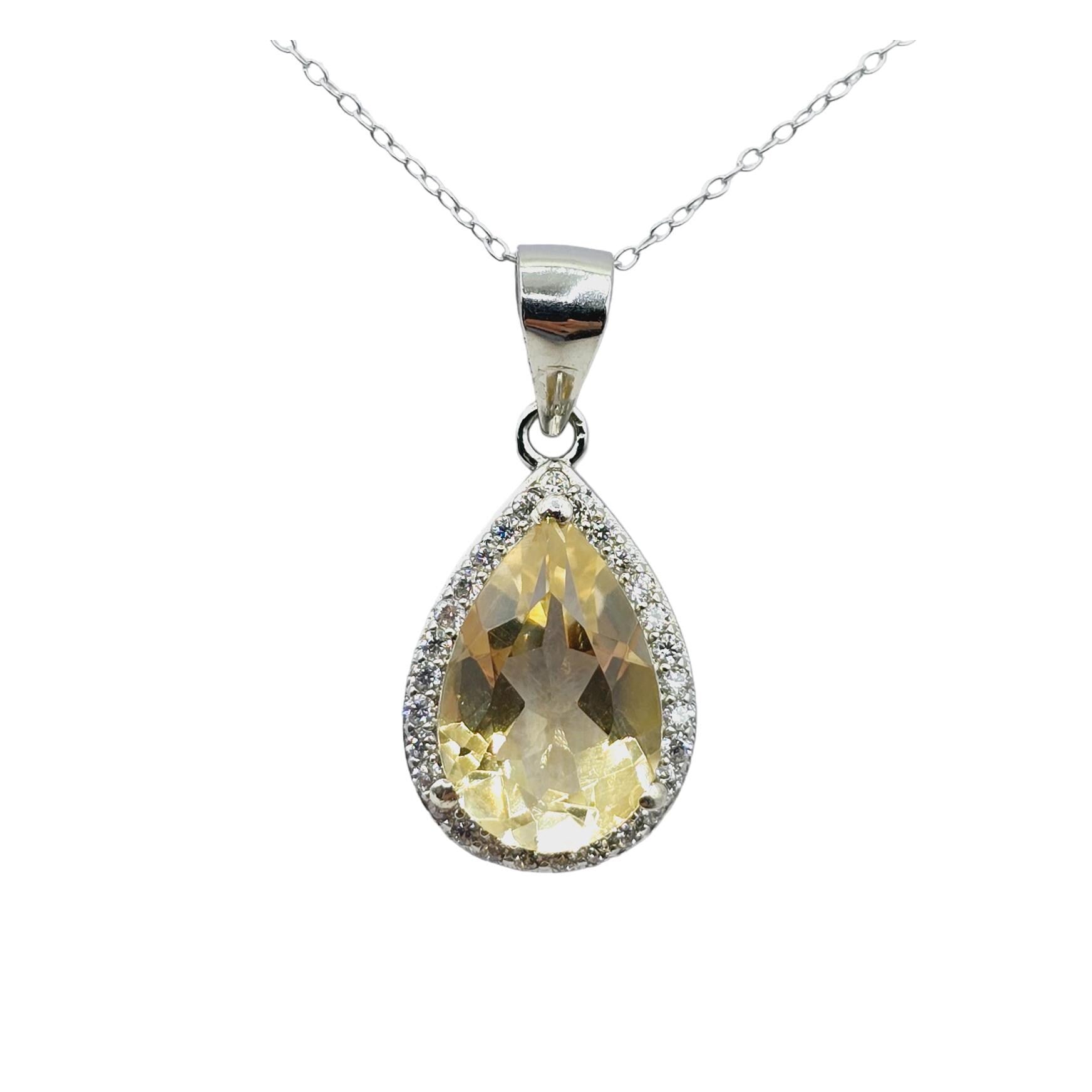Rhodium Plated Sterling Silver Teardrop Necklace with Natural 12x8mm Gemstone, Perfect Gift, Versatile Design, High Quality Silver Jewelry
