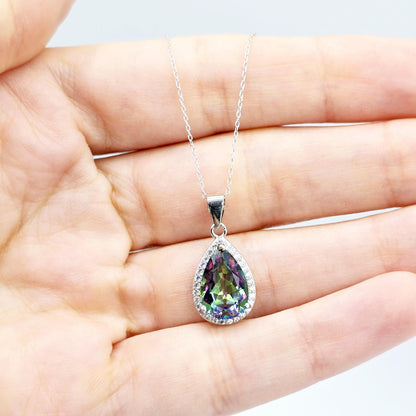 Rhodium Plated Sterling Silver Teardrop Necklace with Natural 12x8mm Gemstone, Perfect Gift, Versatile Design, High Quality Silver Jewelry