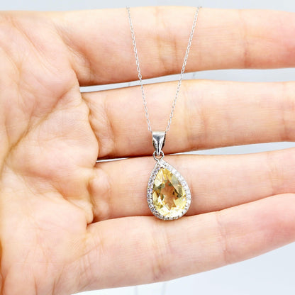 Rhodium Plated Sterling Silver Teardrop Necklace with Natural 12x8mm Gemstone, Perfect Gift, Versatile Design, High Quality Silver Jewelry
