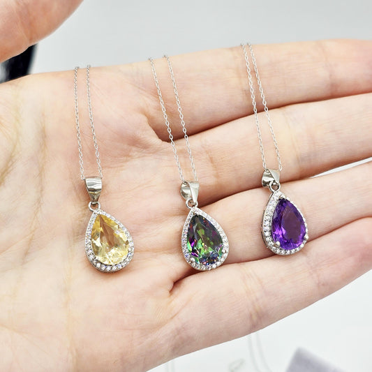 Rhodium Plated Sterling Silver Teardrop Necklace with Natural 12x8mm Gemstone, Perfect Gift, Versatile Design, High Quality Silver Jewelry