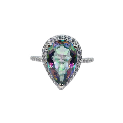 Rhodium Plated Sterling Silver Teardrop Gemstone Ring, Natural Gemstone 12x8mm Rings, Perfect Gift, Versatile Design Ring for Women