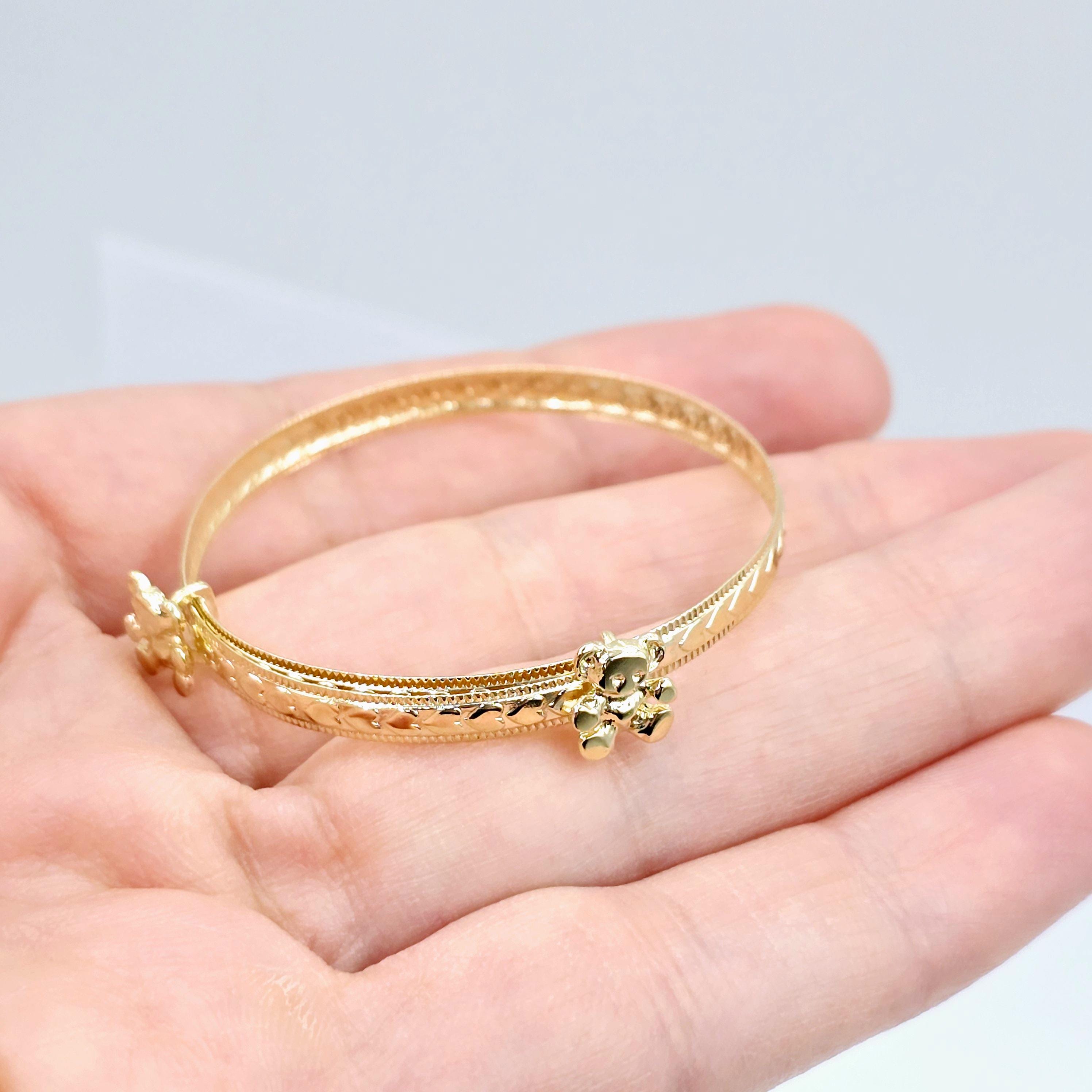 Gold Bangle for Baby, 10K Solid Gold Adjustable Baby Bangle with Hearts, Flowers or Cross, Baby Jewelry, Gift for Baby, Toddler Bracelet