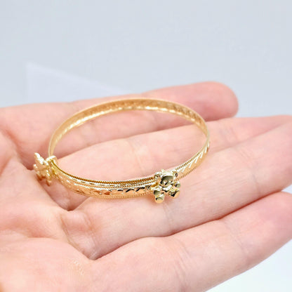 Gold Bangle for Baby, 10K Solid Gold Adjustable Baby Bangle with Hearts, Flowers or Cross, Baby Jewelry, Gift for Baby, Toddler Bracelet