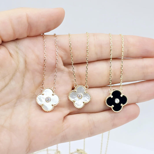 Gold Flower Necklace, Solid 10K Gold Pendant For Women, Floral Jewelry Gold Necklace With Mother Of Pearl, Onyx Gold Flower Pendant