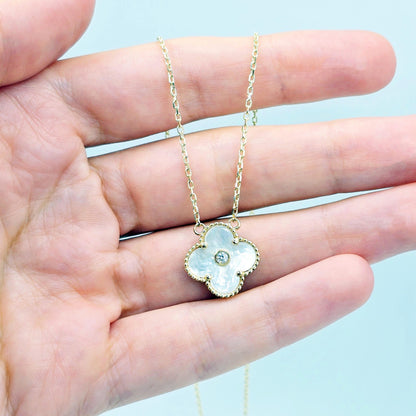 Gold Flower Necklace, Solid 10K Gold Pendant For Women, Floral Jewelry Gold Necklace With Mother Of Pearl, Onyx Gold Flower Pendant