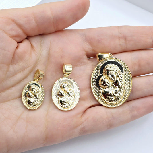 Textured Virgin Mary and Baby Jesus Medallion Pendant, 10K Yellow Gold Pendant, Christmas Religious Gifts, Mother Mary and Jesus Pendant
