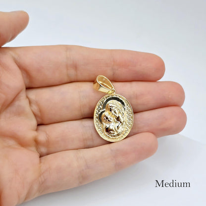 Textured Virgin Mary and Baby Jesus Medallion Pendant, 10K Yellow Gold Pendant, Christmas Religious Gifts, Mother Mary and Jesus Pendant