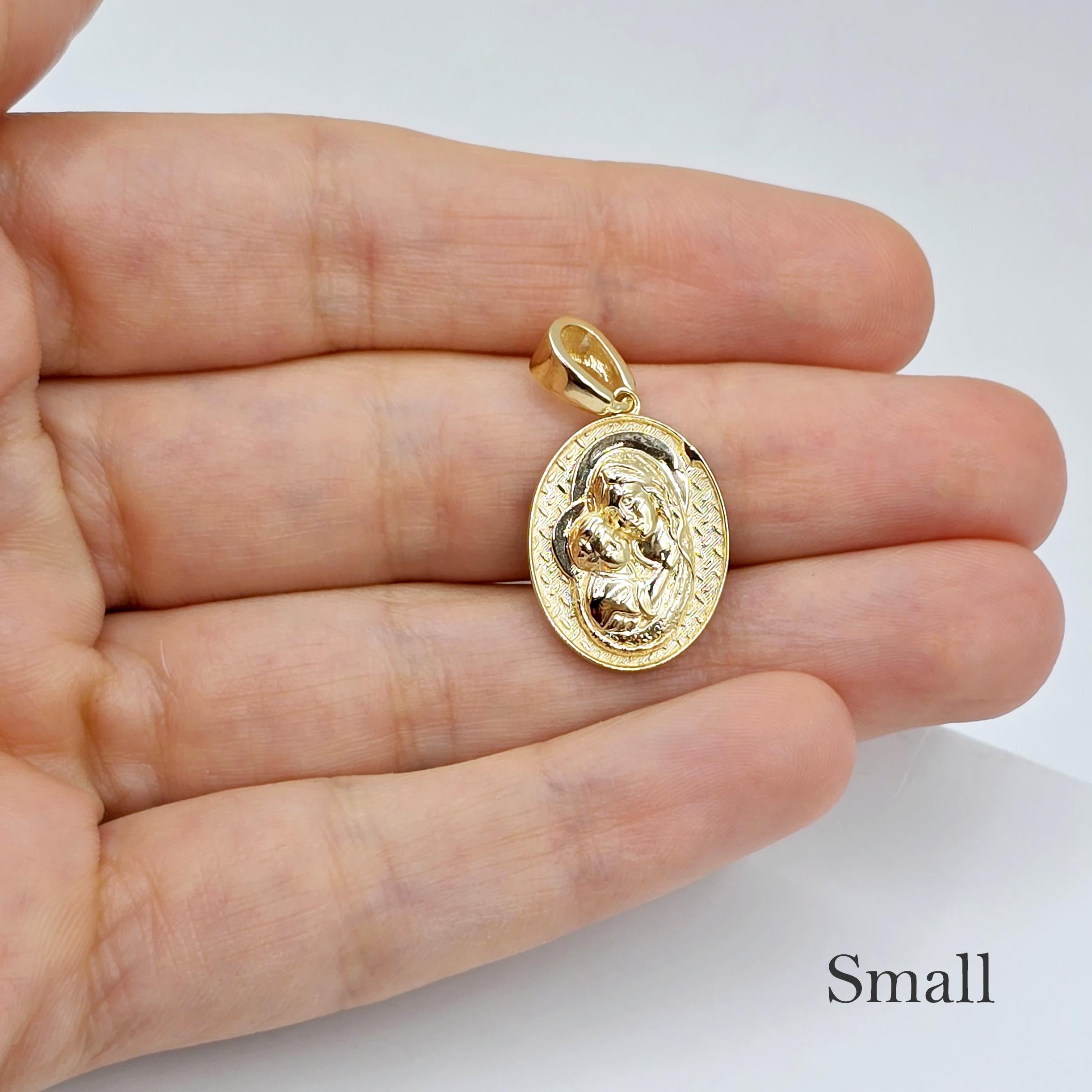 Textured Virgin Mary and Baby Jesus Medallion Pendant, 10K Yellow Gold Pendant, Christmas Religious Gifts, Mother Mary and Jesus Pendant
