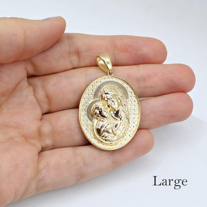 Textured Virgin Mary and Baby Jesus Medallion Pendant, 10K Yellow Gold Pendant, Christmas Religious Gifts, Mother Mary and Jesus Pendant