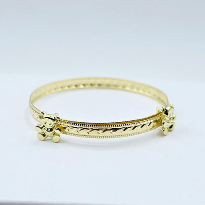 Gold Bangle for Baby, 10K Solid Gold Adjustable Baby Bangle with Hearts, Flowers or Cross, Baby Jewelry, Gift for Baby, Toddler Bracelet