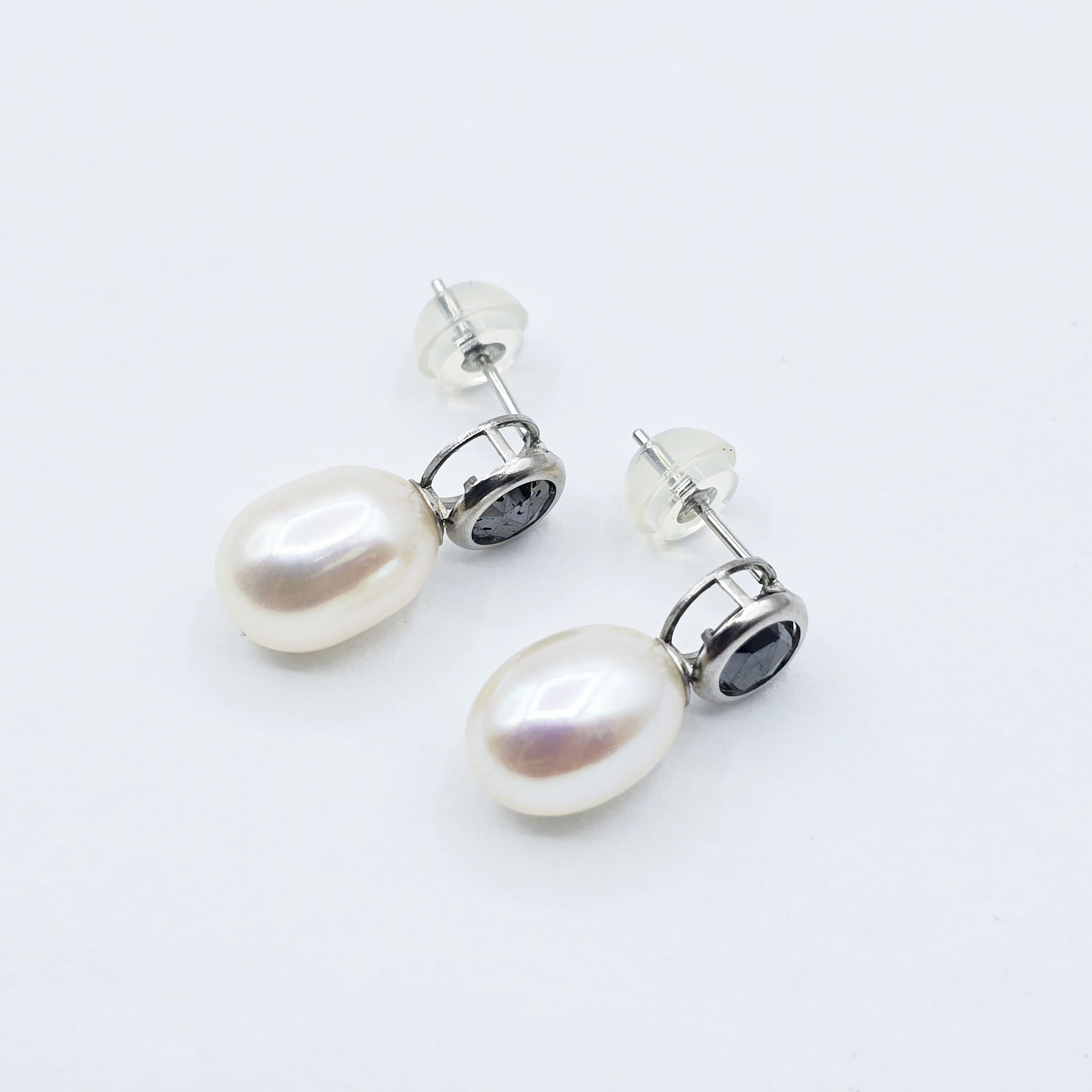 Handmade 14K White Gold Genuine Freshwater Pearl & Black Diamond Stud Earrings | Elegant Wedding Jewelry | Unique Bridal Accessories