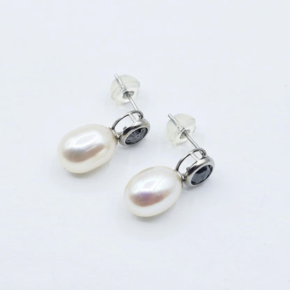 Handmade 14K White Gold Genuine Freshwater Pearl & Black Diamond Stud Earrings | Elegant Wedding Jewelry | Unique Bridal Accessories