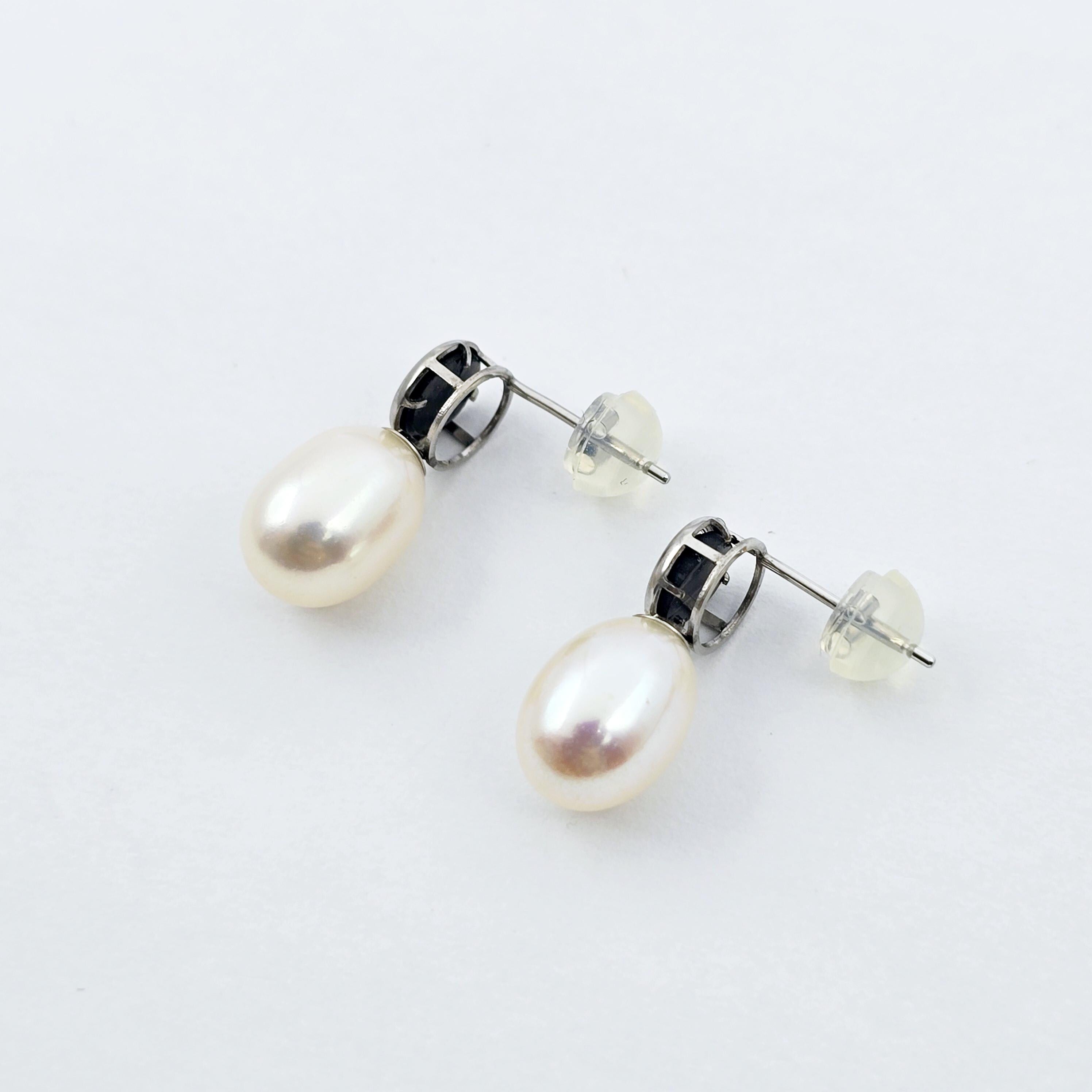 Handmade 14K White Gold Genuine Freshwater Pearl & Black Diamond Stud Earrings | Elegant Wedding Jewelry | Unique Bridal Accessories