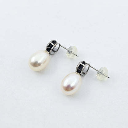 Handmade 14K White Gold Genuine Freshwater Pearl & Black Diamond Stud Earrings | Elegant Wedding Jewelry | Unique Bridal Accessories