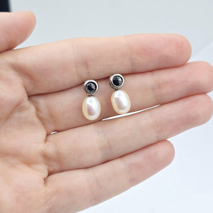 Handmade 14K White Gold Genuine Freshwater Pearl & Black Diamond Stud Earrings | Elegant Wedding Jewelry | Unique Bridal Accessories
